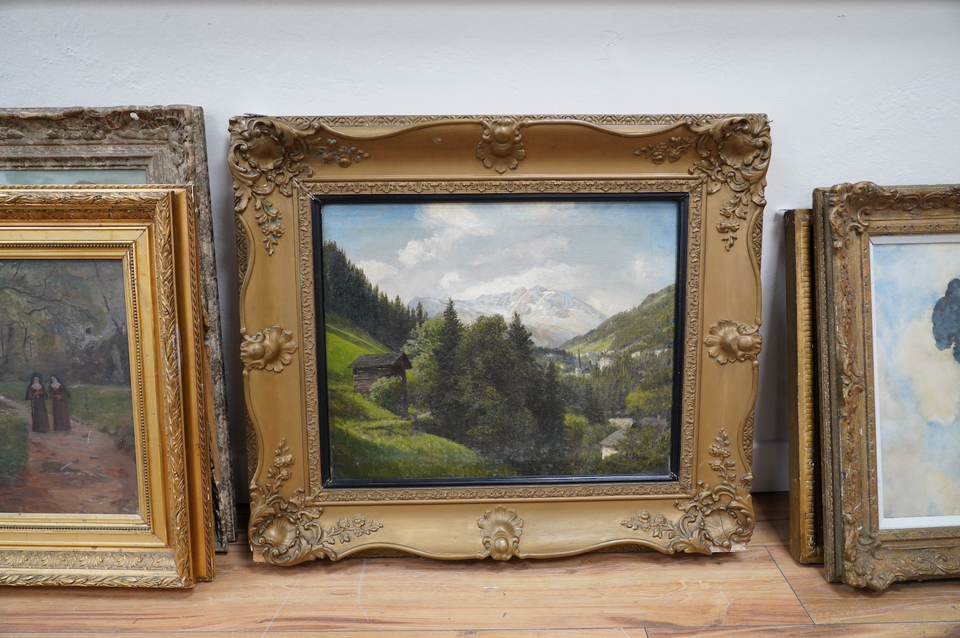 Konrad Petrides (Austrian, 1864-1944), oil on canvas, Mountainous alpine landscape, signed, ornate gilt framed, 41 x 51cm. Condition - fair